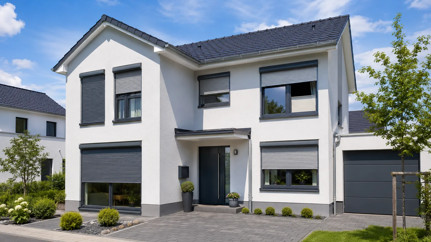 Einfamilienhaus mit anthrazitfarbenen Rollläden in unterschiedlichen Stellungen